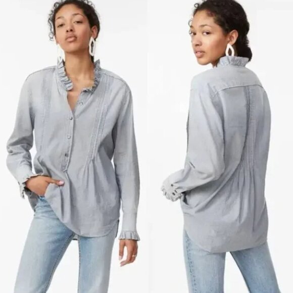 La Vie Rebecca Taylor Striped Indigo Cotton Ruffle Trim Popover Blouse Size M - Picture 1 of 7